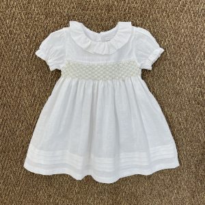 VESTITO IN LINO BIANCO CON PUNTO SMOCK IN VERDE
