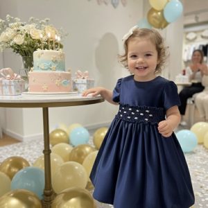 VESTITO IN VELLUTO BLU CON PUNTO SMOCK